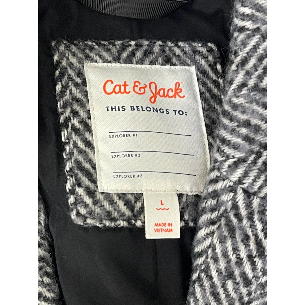 Cat & Jack Girls Herringbone Pea Coat Black White Jacket Size Large 10/12 NEW